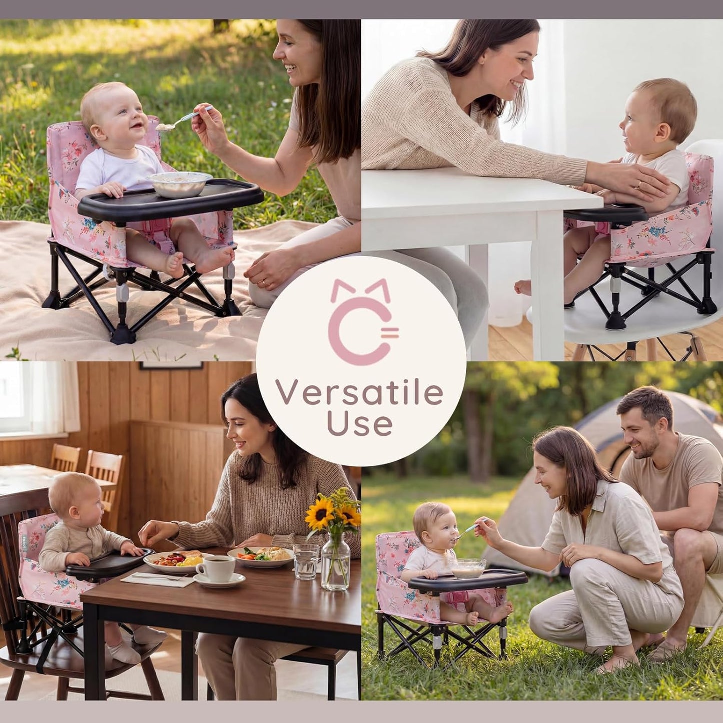 Booster Seat for Kitchen Chair with Removable Tray, Portable Foldable Baby Chair for Babies 6-36 Months, Indoor Outdoor Toddler Camping Chair (Pink Floral Design)