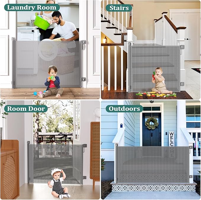 Babepai Retractable Baby Gates No Drilling | 54" Wide x 34" Tall Dog Gates for Stairs | Indoor/Outdoor Use | Child Gates for Doorways, Deck, Porch, Hallways, Patio - Gray