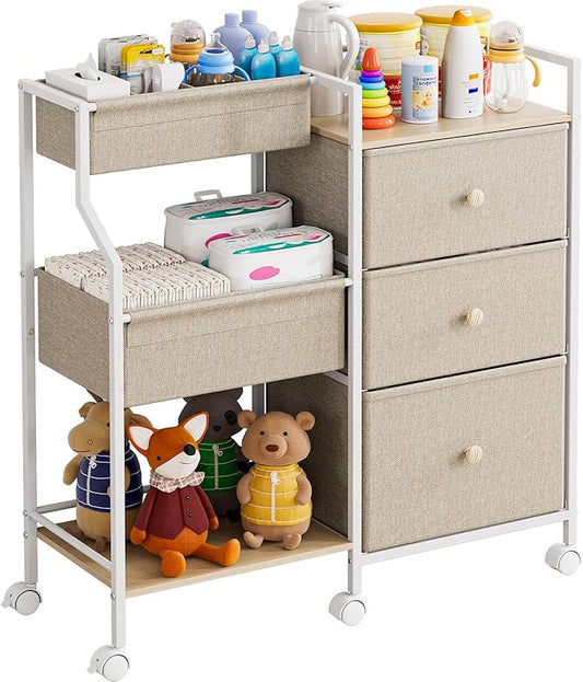 Modanais Baby Organizer and Storage - 3 Tier Rolling Cart with Dividers and Drawers, Easy To Assemble, Mobile Utility Cart with Wheels for Nursery, Bedroom, Changing Table & Crib,Off White