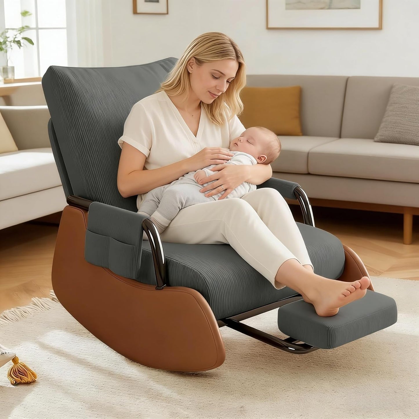 JPBSTO Rocking Chair Nursery, Upholstered Glider Rocking Chair with Side Pocket and Adjustable High Backrest, Comfortable Rocker Recliner with Footrest Perfect for Living Room Bedroom, Beige