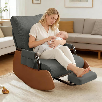 JPBSTO Rocking Chair Nursery, Upholstered Glider Rocking Chair with Side Pocket and Adjustable High Backrest, Comfortable Rocker Recliner with Footrest Perfect for Living Room Bedroom, Beige