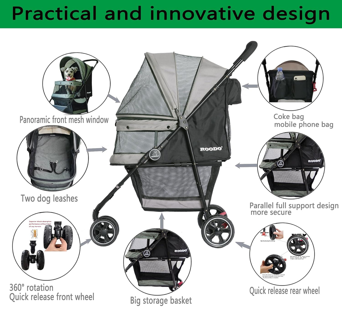 ROODO Escort 3 Wheel Dog Cat Pet Stroller for Small/Medium Dogs Cats Best Lightweight Foldable Portable Compact Jogger All Terrain Travel Pet Gear System Puppy Doggie Bunny Kitty Stroller(Grey)