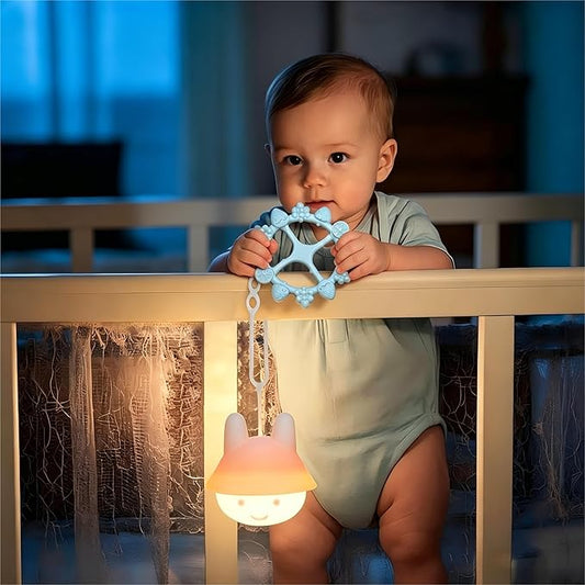 Baby Night Light for Car Seat with Ring Teether Baby Infant- Dimming Function 9 Colors Changing Eye Caring Portable Rechargeable & Timing Bedside Lamp Light Up Toddler Bed Room Travel Essentials