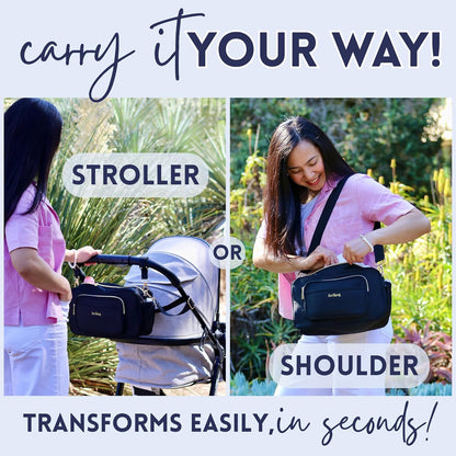 Universal Stroller Caddy with Cup Holder, Waterproof Small Diaper Bag, Stroller Organizer with Shoulder Straps, Baby Travel Bag with Wipes Pocket