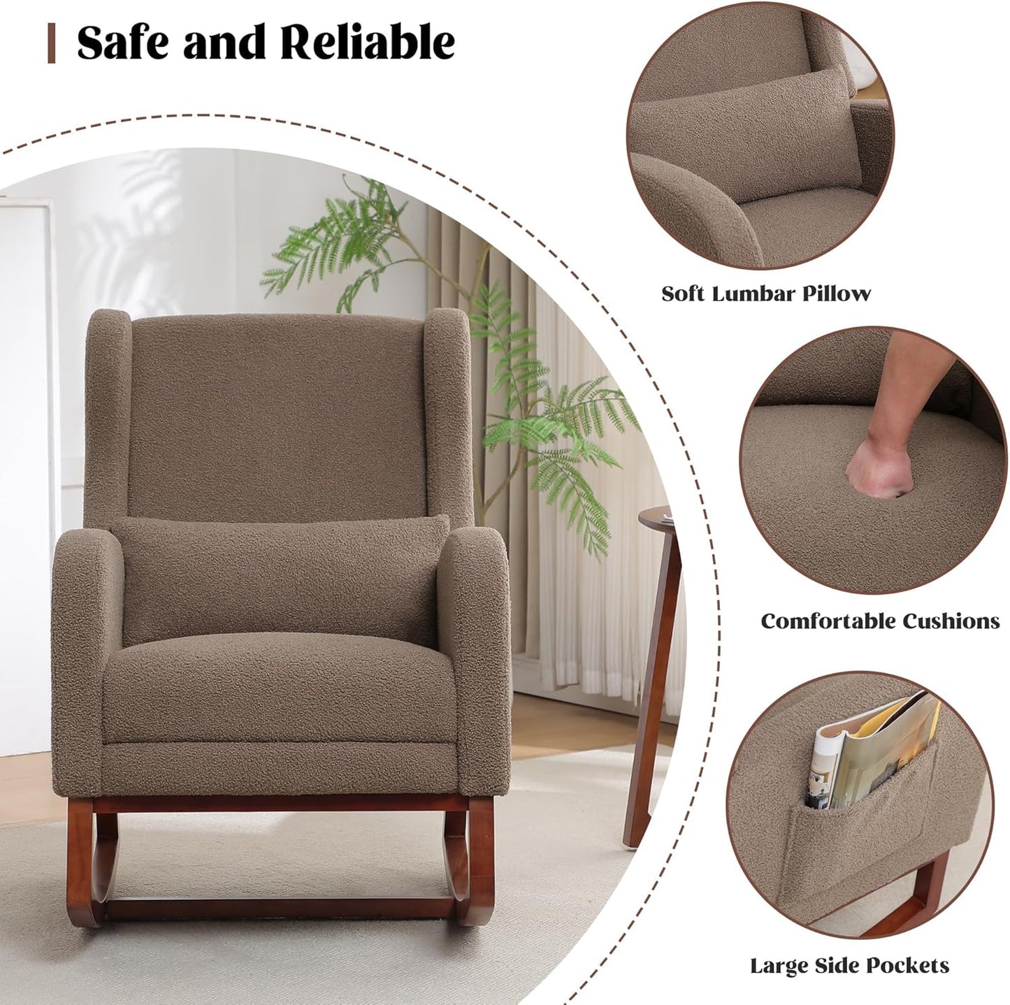 HCHAIRH Rocking Chair Nursery, Nursery Rocking Chairs with Foot Rest, Comfy Fabric Glider Rocker Nursing Chair with High Back for Nursing, Living Room, Bedroom, Beige