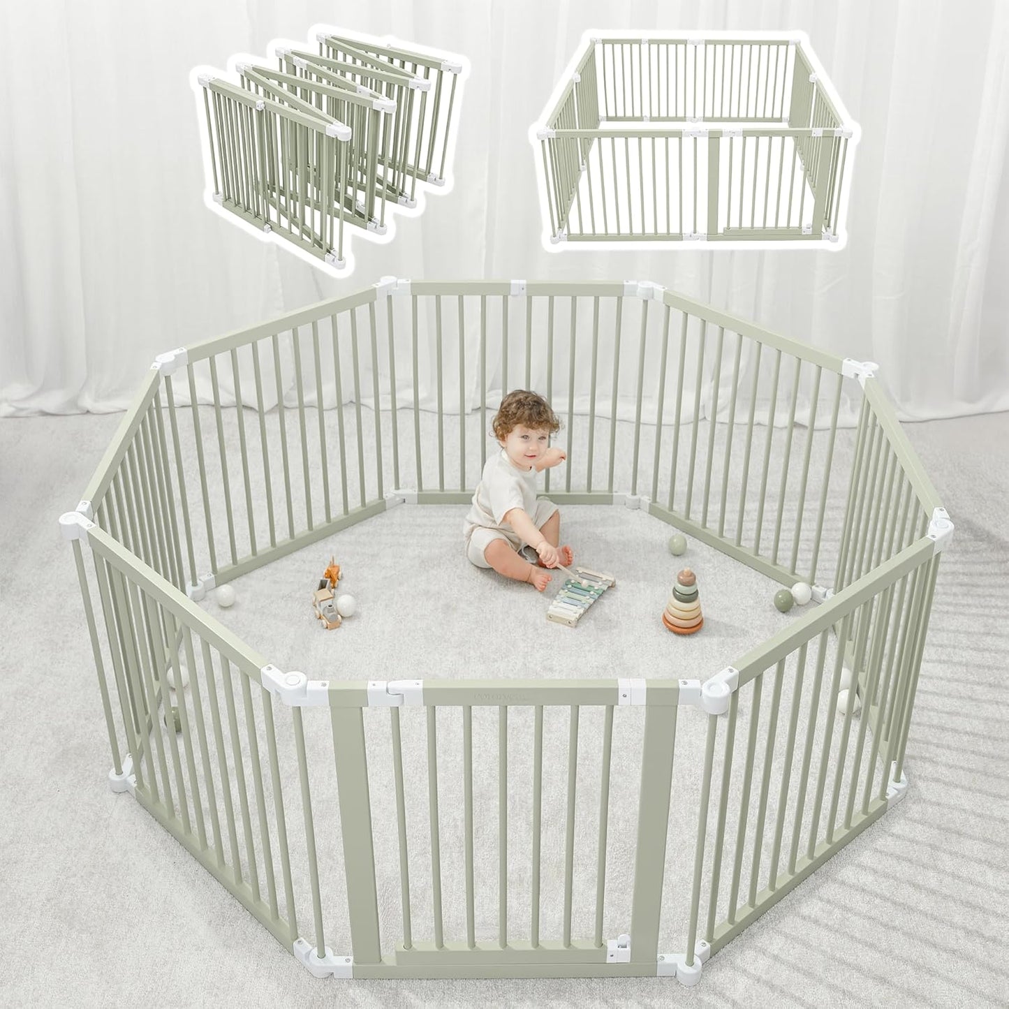 Comfy Cubs Baby Gate Playpen - 57 x 57 x 25 in, Extends Up to 228” - Pine Wood Foldable Playpen with Child-Proof Lock - Easy Assembly Baby Fence Play Area for Babies & Toddlers - Light Wood White