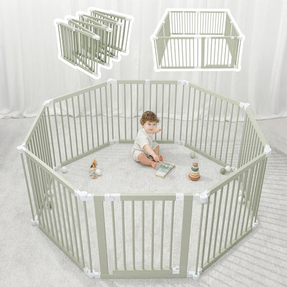 Comfy Cubs Baby Gate Playpen - 57 x 57 x 25 in, Extends Up to 228” - Pine Wood Foldable Playpen with Child-Proof Lock - Easy Assembly Baby Fence Play Area for Babies & Toddlers - Light Wood White