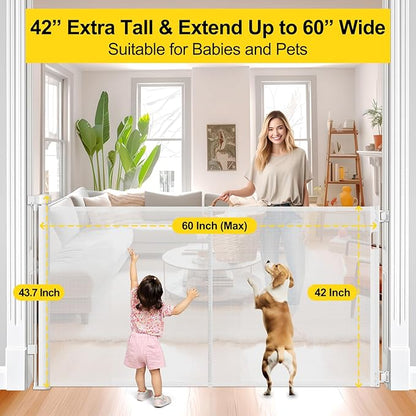 Reinforced 42” Extra Tall Retractable Dog Gate for Doorways, Extends up to 60” Wide, Mesh Baby Gate, Tall Baby Gates with Rods to Prevent Crawling Through Retractable Pet Gate Indoor Outdoor, White