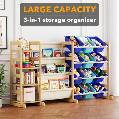 SpaceAid 3-in-1 Toy Storage Organizer with 4 Shelves and 12 Bins, Toy Organizers Storage 3-Tier Bookshelf, Kids Bin Shelf Box Bookcase for Bedroom Playroom Organization Room Decor, Blue and Navy Blue