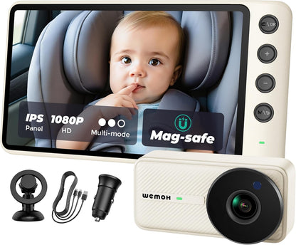 Magnetic Dual Baby Car Camera for Two Kids, 1080P IPS Display with Magnetic Mount, 3 Modes( Zoom/Mirror/Split ), Automatic Night Vision, USB-Powered Car Camera for Baby Rear Facing (2 Cams)