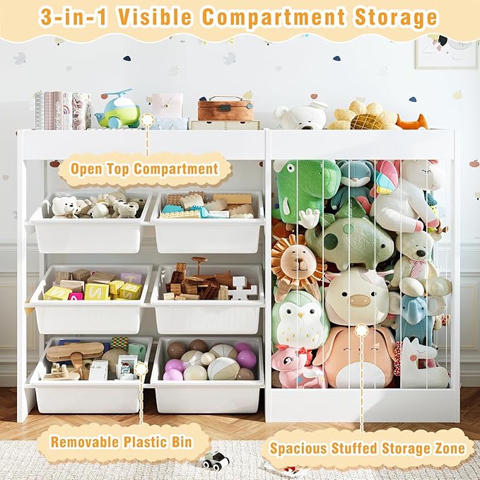 50.6" W Toy Storage, 3-in-1 Large Kids Toy Organizers and Storage with Stuffed Animal Zoo, 6 Removable Plastic Bins, Wooden Toddler Cabinet for Girls Boys Playroom, Nursery, Home Decor(White)