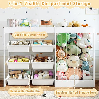 50.6" W Toy Storage, 3-in-1 Large Kids Toy Organizers and Storage with Stuffed Animal Zoo, 6 Removable Plastic Bins, Wooden Toddler Cabinet for Girls Boys Playroom, Nursery, Home Decor(White)