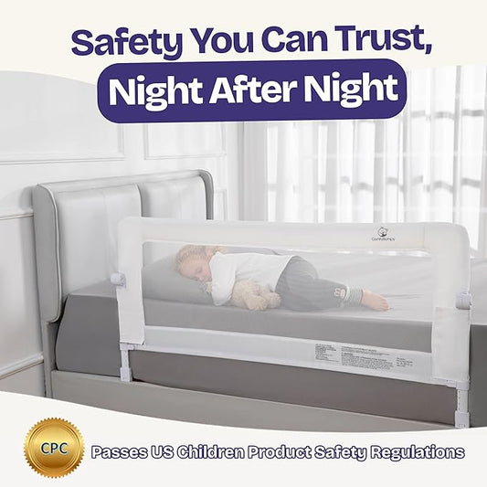 ComfyBumpy Premium Adjustable Bed Rail for Toddlers, Swing-Down Safety Guard, Height Adjusts 24.4"–32.3"H, Extra-Long 55.5", Sturdy Steel & Breathable Mesh, For Twin, Full, Queen & King, White, 1-Pack
