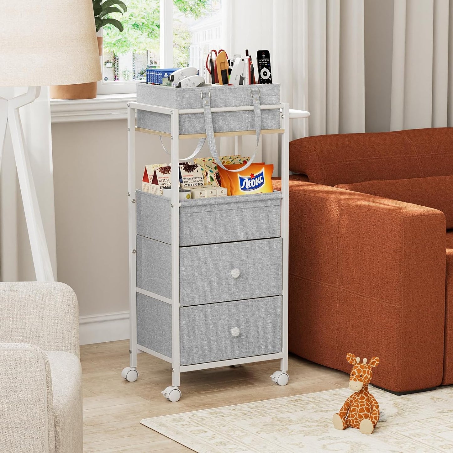 Modanais Baby Diaper Caddy Organizer Cart with Drawers - 3In1 Rolling Storage Cart with Wheels, Removable Diaper Caddy, Detachable Dividers - for Crib, Bedroom, Art & Craft Organizer (Off White)