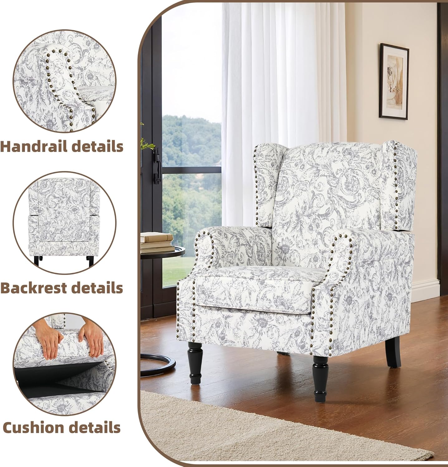 Swivel Rocker Recliner Chair, Manual Nursery Glider Recliner, Floral Fabric Wingback Accent Chair with Adjustable Backrest & Footrest for Small Spaces Living Room Bedroom (Plants Floral, Set of 1)