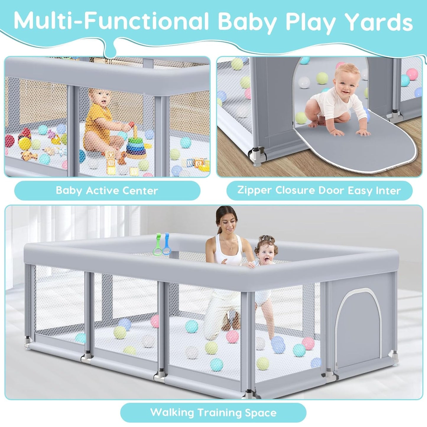 Fshibila 74" ×50" Large Baby Playpen, Baby Playard for Babies and Toddlers, Baby Fence Play Pens for Indoor & Outdoor, Sturdy Safety Play Yard with Soft Breathable Mesh, Anti-Fall, Grey