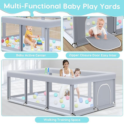 Fshibila 74" ×50" Large Baby Playpen, Baby Playard for Babies and Toddlers, PlayPen for Indoor & Outdoor, Sturdy Safety Play Yard with Soft Breathable Mesh, Anti-Fall, Ball x 18, Handle x 2, Grey