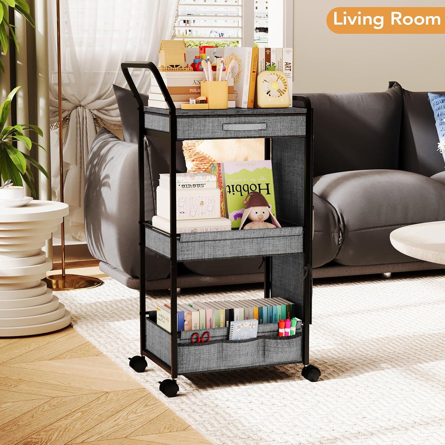 BBLIKE 3-Tier Diaper Caddy Organizer - Rolling Utility Baby Cart with Drawer and Side Pockets for Nursery and Baby Essentials, Multi-Function Cart for Bedroom and Bathroom, White