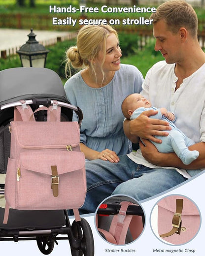 Baby Diaper Bag Backpack, 15 Pockets Newborn Baby Essential Travel bag, Multi Function Water Resistant Tote bag, Balancing Work and Life for Mon and Dad Pink