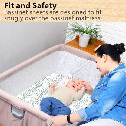3-Pack Bedside Sleeper Bassinet Sheets | GOTS Certified Organic 100% Muslin Cotton | Ultra Soft & Breathable | 33×20×4” Fitted Sheets | Universal Fit 29–33” x 17–21” Pads