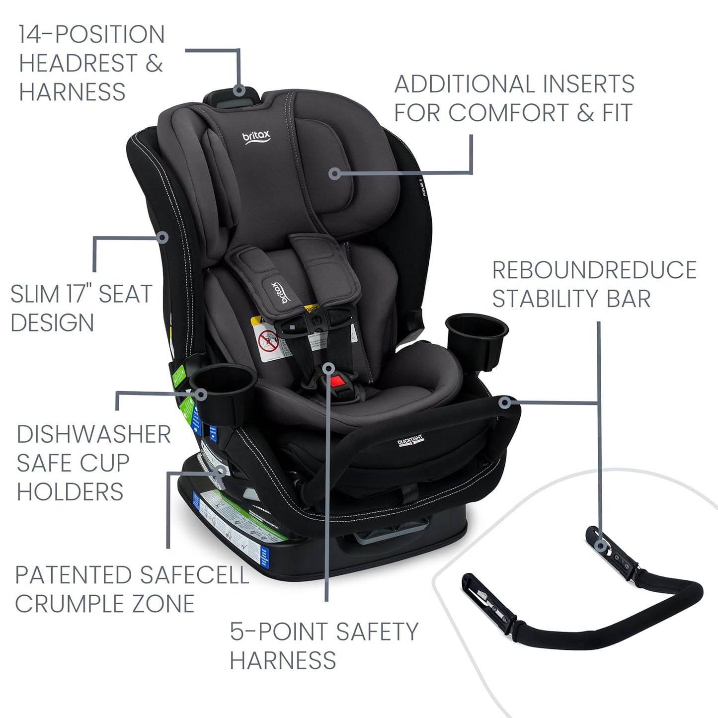 Britax Poplar S Convertible Car Seat, 2-in-1 Car Seat Extended Rear Facing, 17” Slim Car Seat Design with Fast & Easy ClickTight Installation, Anti-Rebound Bar & SafeWash Fabrics — Cowmooflage