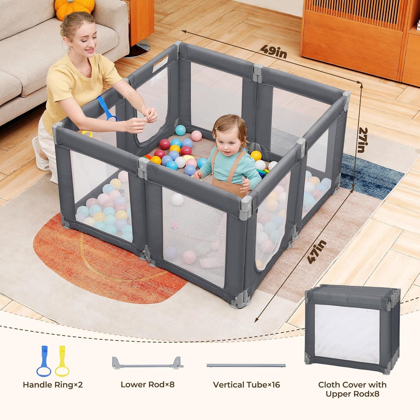Dripex Baby Playpen, 47"x47" Small Playpen for Babies, Enhanced Safety Baby Play Yard for Indoor & Outdoor, Infant Play Pen with Soft Breathable Visible Mesh, Anti-Fall Design & Easy Setup, Grey