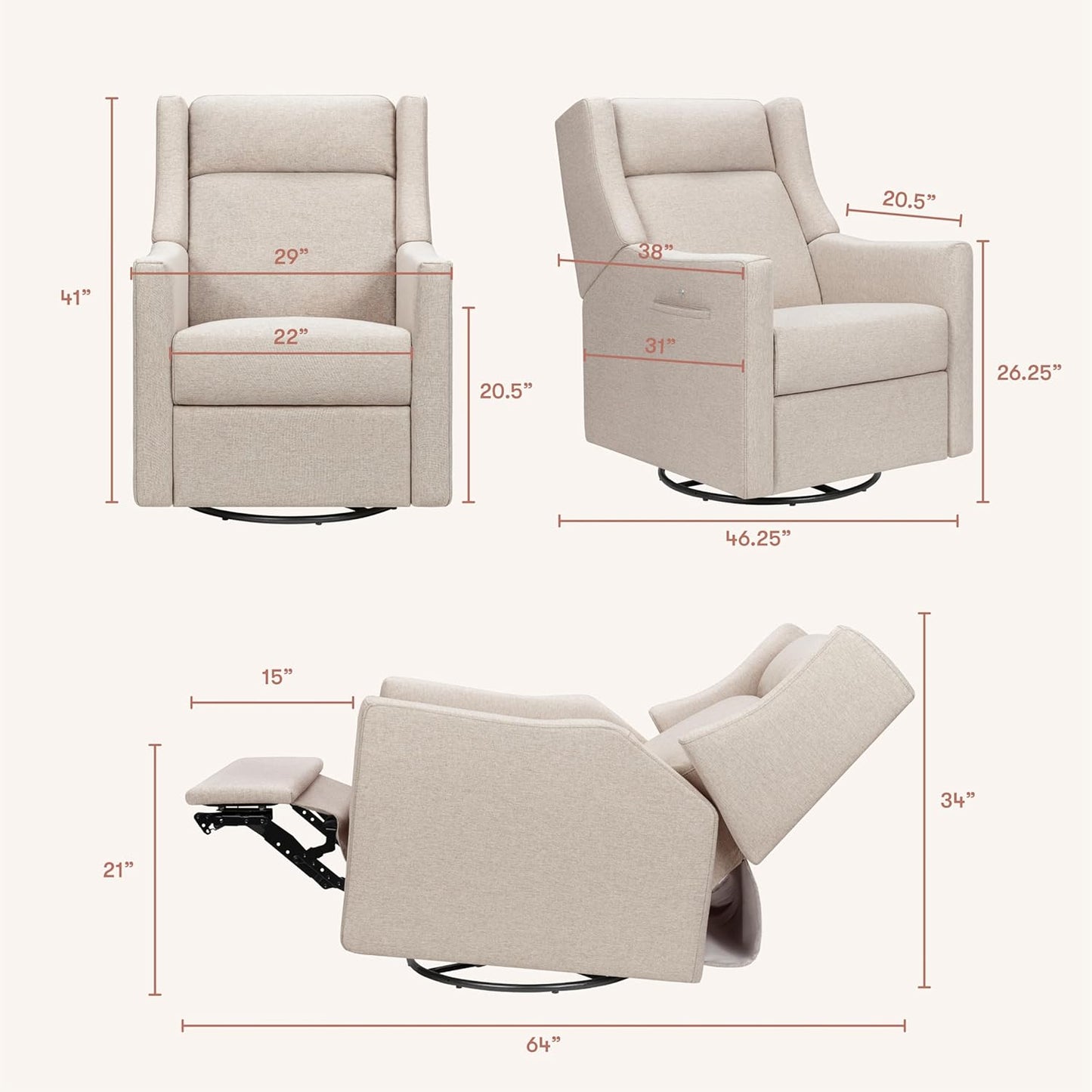 Babyletto Kiwi Deluxe Power Recliner and Swivel Glider with Heat and Massage in Almond Teddy Loop, Built-in USB Charging Port, Adjustable Headrest, Greenguard Gold, FSC and CertiPUR-US Certified