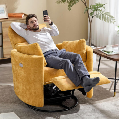 Power Recliner,Nursery Swivel Glider Rocking Chair with USB Port,Upholstered Adult Electric Recliner Rocking Chair with 2 Pillows for Living Room Bedroom (Beige Corduroy, Power-Driven)