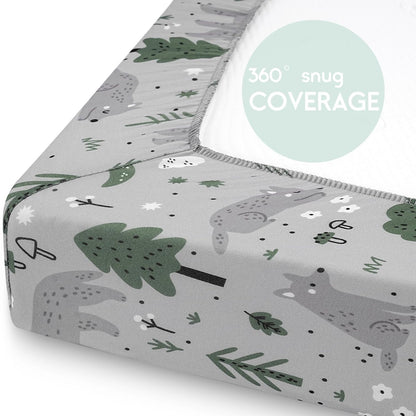 Yoofoss Pack and Play Sheets Fitted, Mini Crib Sheets 2-Pack for Pack N Play Mattress, Stretchy Playard Sheet, Soft and Breathable Green+Giraff