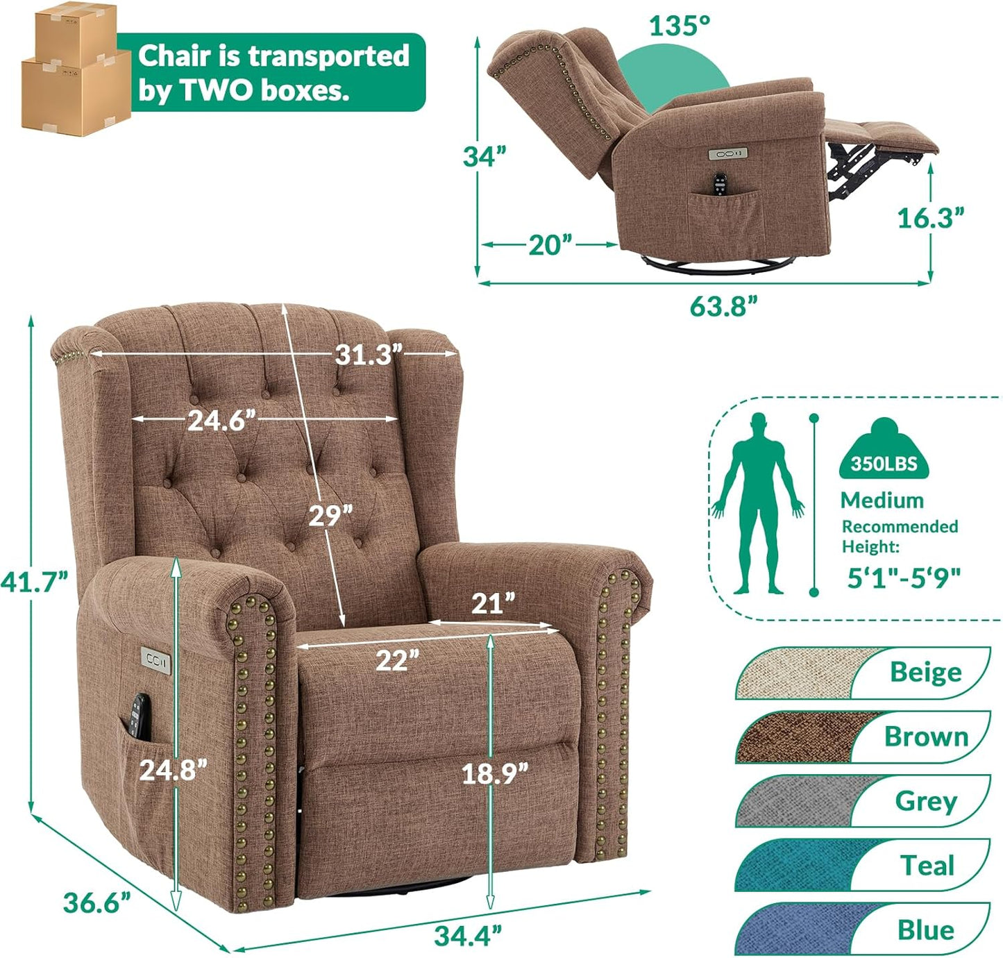VIVIJASON Power Swivel Rocking Recliner Chair with Massage & Heat, Electric Rocker Nursery Glider Chair, Wingback Tufted Upholstered Recliner W/Type-C & USB Ports for Living Room, Bedroom, Beige
