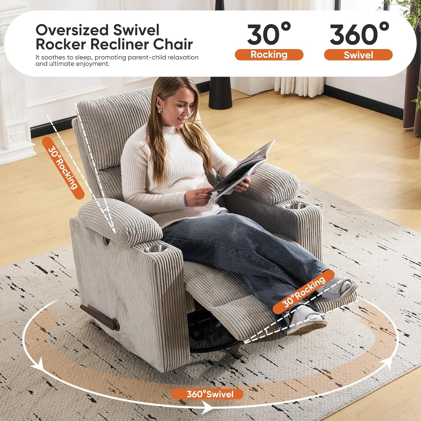 Rocking Chair Nursery with Adjustable Armrests, Electric Glider Recliner Nursing Chair for Breastfeeding, Power Swivel Recliner Chairs with Massage and Heat, Adjustable Headrest , FSC Certified, White