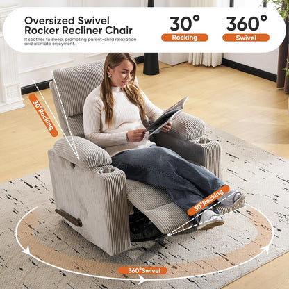 Rocking Chair Nursery with Adjustable Armrests, Electric Glider Recliner Nursing Chair for Breastfeeding, Power Swivel Recliner Chairs with Massage and Heat, Adjustable Headrest , FSC Certified, White