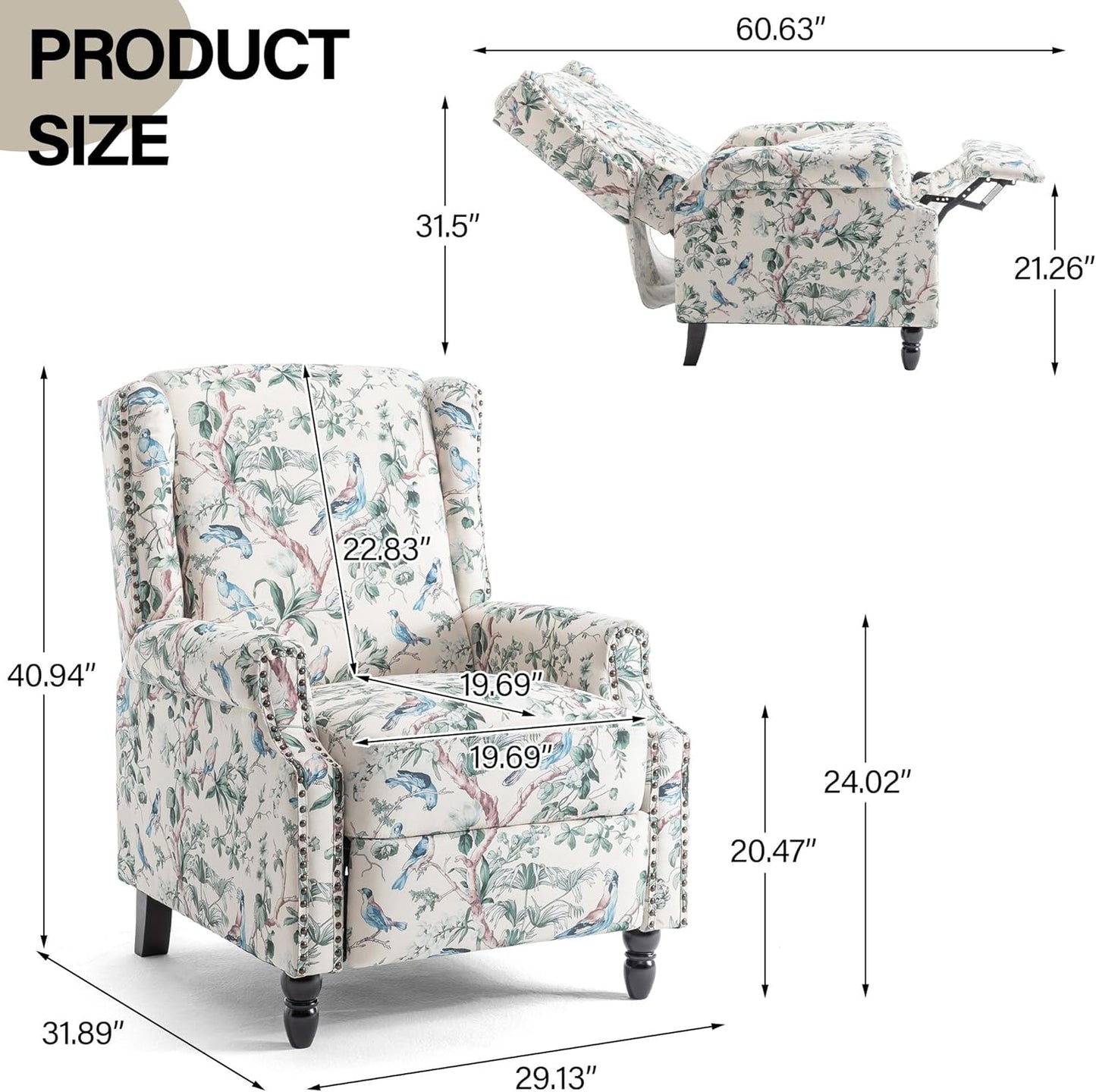 Swivel Rocker Recliner Chair, Manual Nursery Glider Recliner, Floral Fabric Wingback Accent Chair with Adjustable Backrest & Footrest for Small Spaces Living Room Bedroom (Plants Floral, Set of 1)