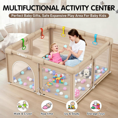 Baby Playpen Foldable Playpen for Babies and Toddlers, Large Playpens Portable Play Pen Play Yard for Kids Fence Indoor Outdoor Travel 4 Handlers 50 Balls Baby Gifts Essentials 50"X50" Dark Grey