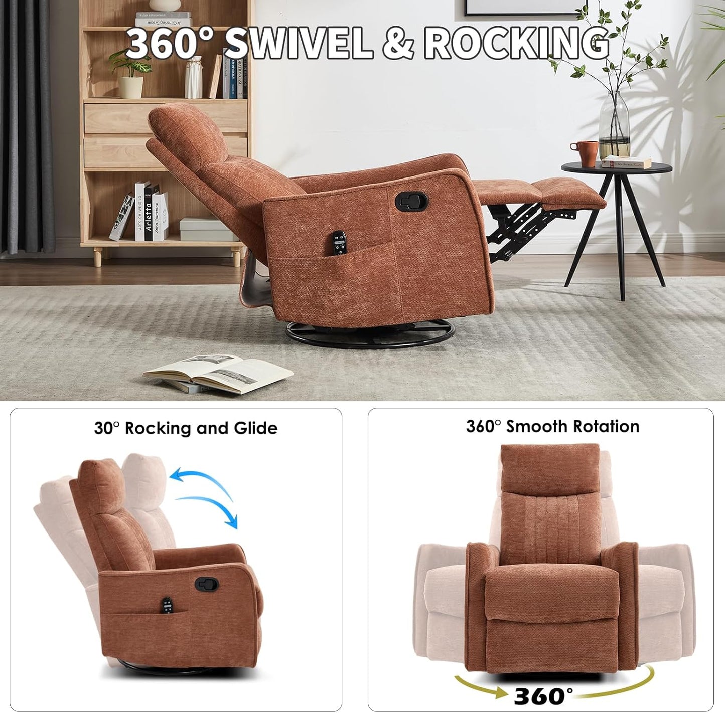 Trustyue Swivel Rocker Recliner Chair, 360° Swivel Recliner with Heat and Massage, Rocker Recliner Nursery Glider Chair with Side Pockets for Living Room (Beige, Fabric)