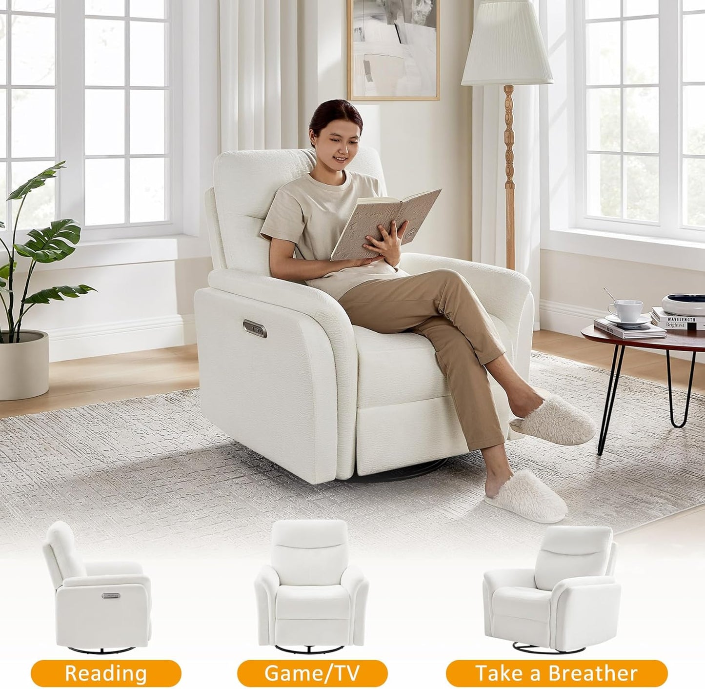 VANOMi Power Recliner Chair Swivel Glider, Electric Rocking Recliner Chairs with USB and Type-C Ports, Nursery Chair Recliner for Living Room, Bedroom, Apartment（Camel）