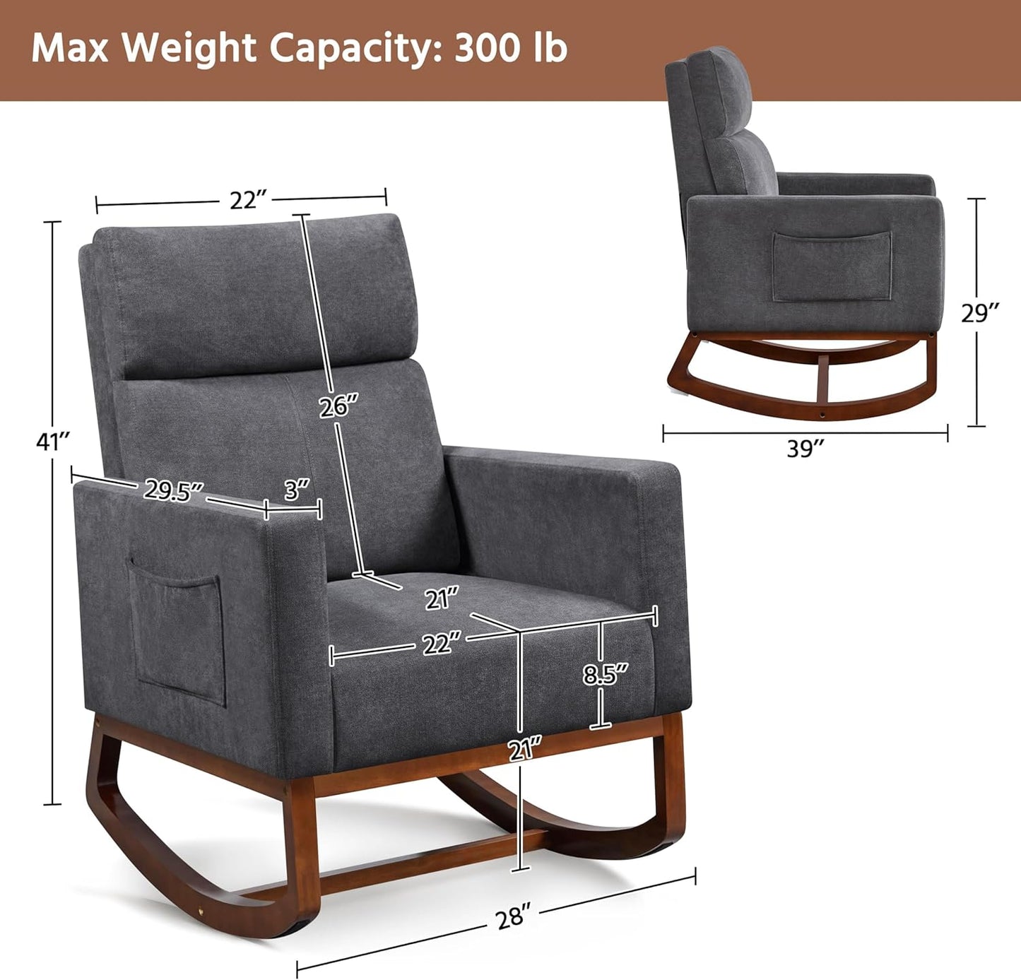 Yaheetech Upholstered Rocking Chair, Boucle Glider Chair Nursery Chair with High Back and Side Pocket, Rocking Accent Armchair with Rubber Wood Legs for Living Room/Bedroom/Nursery, Ivory