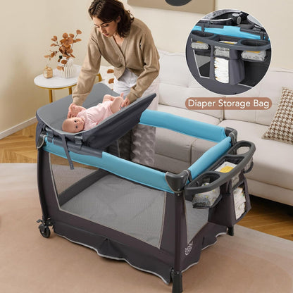 HONEY JOY Pack and Play, 5 in 1 Portable Infant Playpen with Bassinet & Changing Table, Storage Bag, Music Box, Toys, Carry Bag, Nursery Center, Baby Playard Pack n Play Crib for Boys Girls