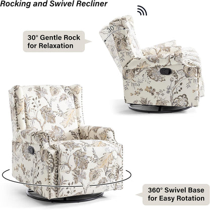 Swivel Rocker Recliner Chair, Manual Nursery Glider Recliner, Floral Fabric Wingback Accent Chair with Adjustable Backrest & Footrest for Small Spaces Living Room Bedroom (Plants Floral, Set of 1)