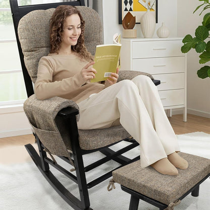 SINOSSO Glider Rocker Cushion Set (5 Pcs), Soft Blended Fabric High-Density Support Foam Seat Cushions with Ties, Fits Rocking Chair/Nursery Glider & Ottoman, Black-Gray