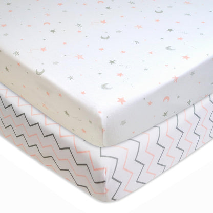 American Baby Company 2 Pack 100% Natural Cotton Fitted Pack and Play Sheets 39" x 27" - Soft & Breathable Pack N Play Sheets for Playard & Mini Crib Mattress, Pink Stars/Zigzag, for Boys & Girls