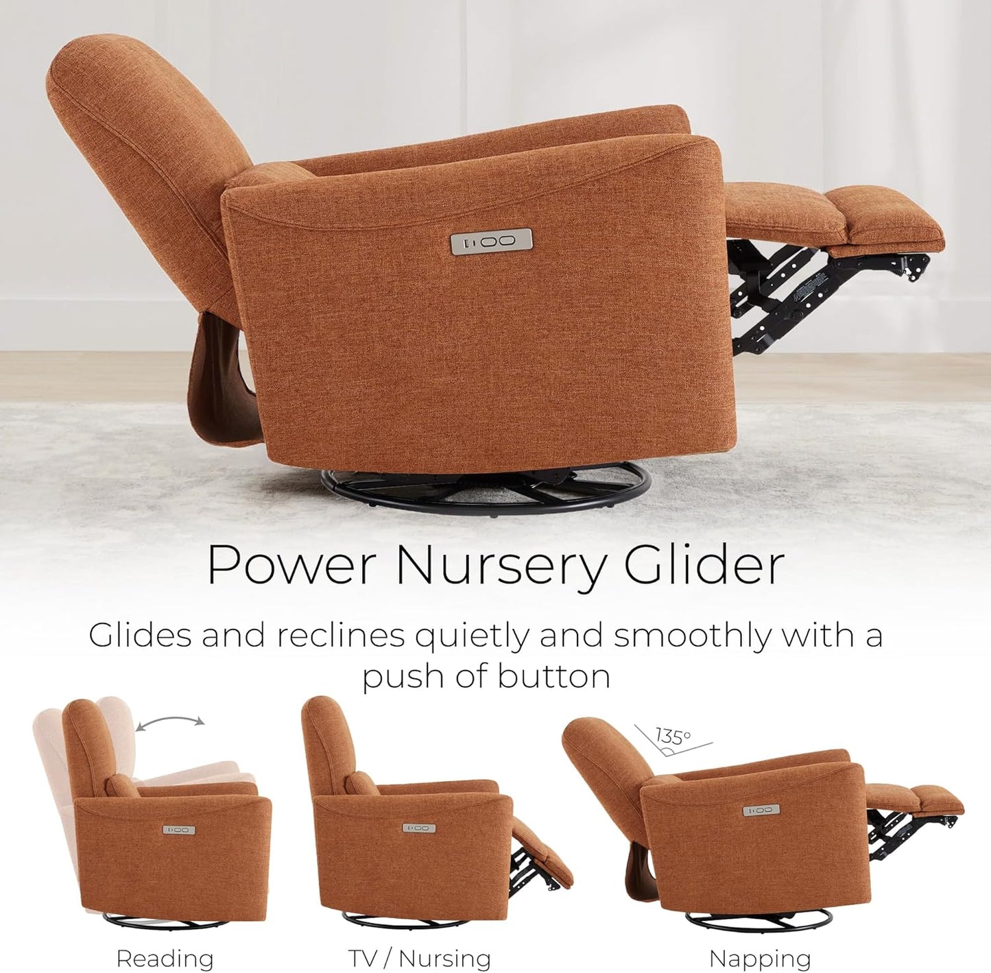 CHITA Power Recliner Chair Swivel Glider, FSC Certified Upholstered Living Room Nursery Reclining Sofa Chair with Lumbar Support, Linen