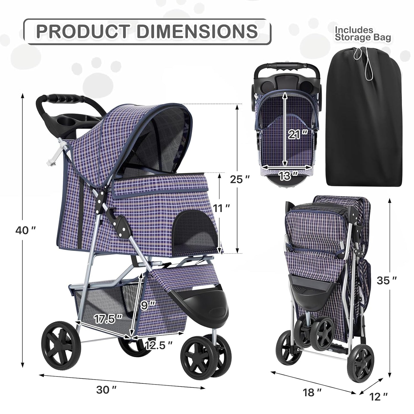 MoNiBloom Foldable Pet Stroller with Weather Cover, 3 Wheels Pet Strolling Cart for Small/Medium Dogs and Cats with Storage Basket and Cup Holder, Breathable and Visible Mesh for All-Season, Black