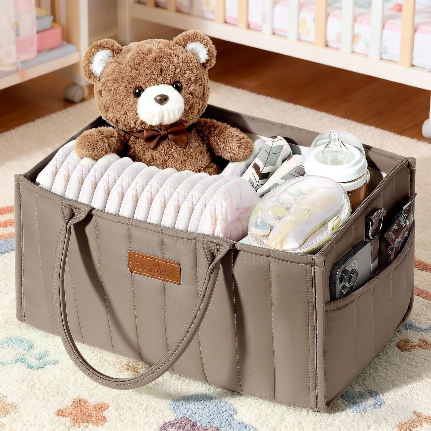 Zooawa Baby Diaper Caddy Organizer, Portable Nursery Storage Basket with Compartments, Handle & Shoulder Strap for Newborn Baby Essentials, Gift for Baby Shower, Nursery, Travel, Car, Matcha Green