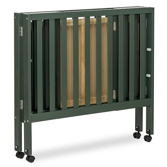 Dream On Me Jett Mini Folding Baby Crib in Olive, GreenGuard Gold & BSA, Lightweight & Portable, Patented Flat Folding System for Small Spaces & Travel, 1.5” Mattress Pad, 3 Heights, Safe Wheels