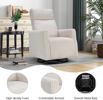 CANMOV Swivel Rocker Chair for Nursery, Swivel Accent Chair with High Back and Arms, Corduroy Glider Chair for Living Room Bedroom Nursery, Grey