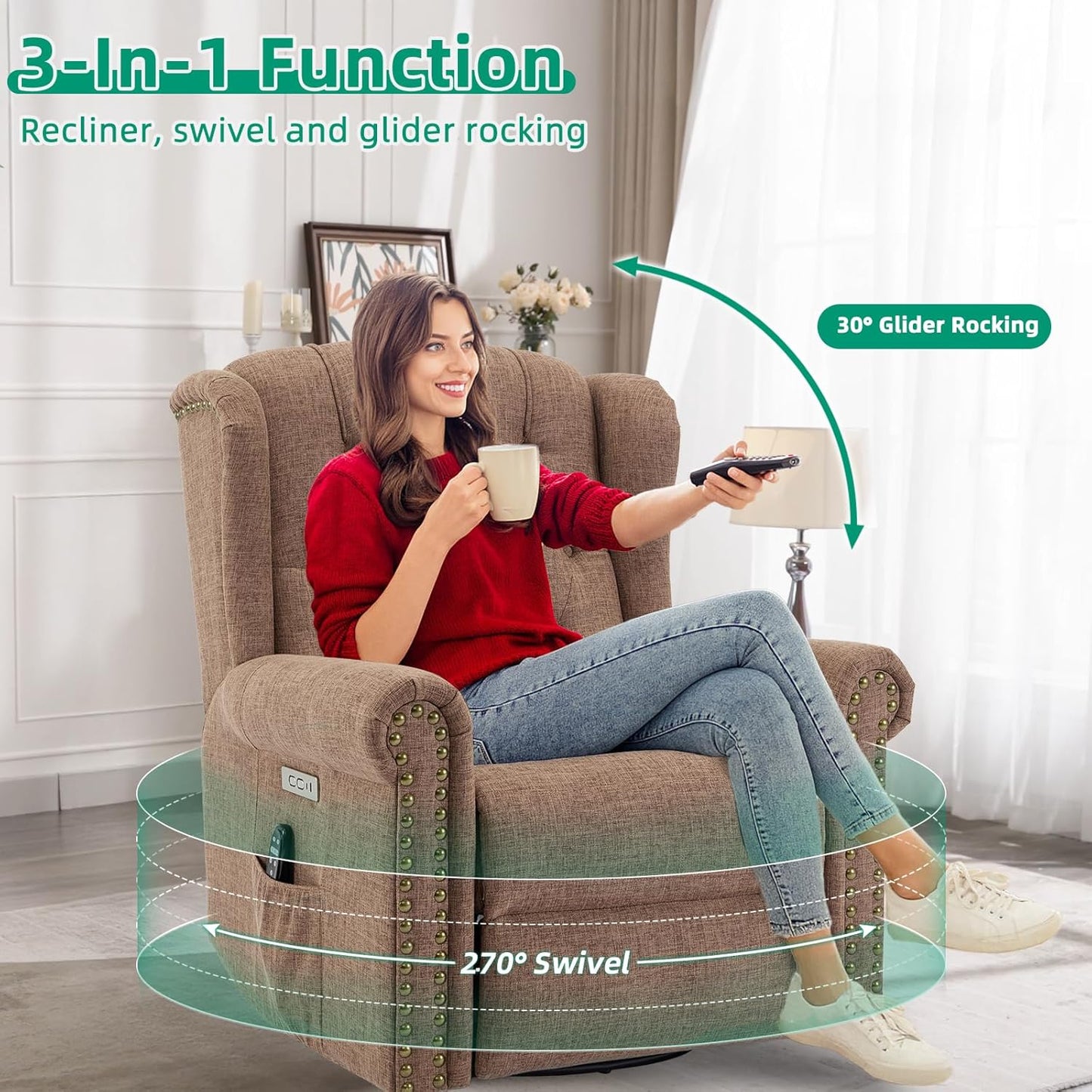 VIVIJASON Power Swivel Rocking Recliner Chair with Massage & Heat, Electric Rocker Nursery Glider Chair, Wingback Tufted Upholstered Recliner W/Type-C & USB Ports for Living Room, Bedroom, Beige