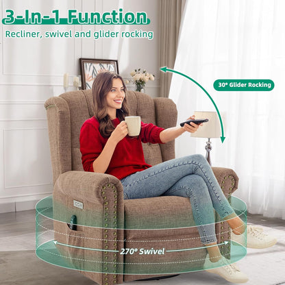 VIVIJASON Power Swivel Rocking Recliner Chair with Massage & Heat, Electric Rocker Nursery Glider Chair, Wingback Tufted Upholstered Recliner W/Type-C & USB Ports for Living Room, Bedroom, Beige