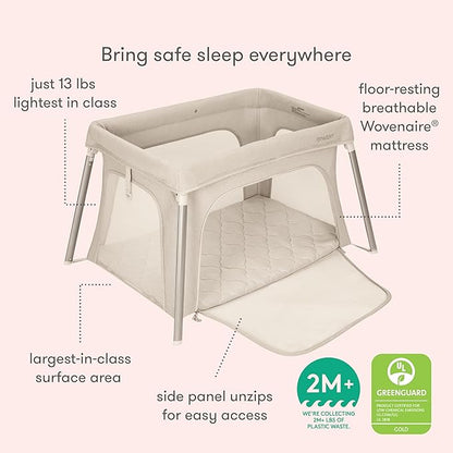 Newton Baby Compact Travel Crib & Play Yard | Breathable & Washable Mattress, Foldable Carry-On Size, Backpack Straps, Sand, Newton Bassinet Attachment NOT Included or Compatible