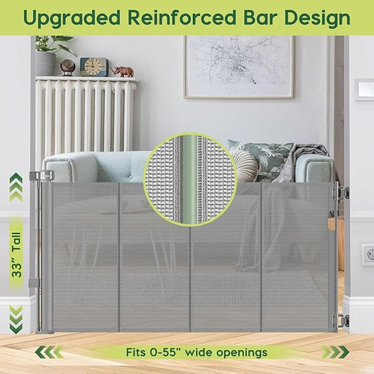 Reinforced 55" Wide Retractable Dog Gate with Support Rods, 33" Tall Retractable Baby Gate for Dogs, No Sag and Wrinkle Mesh Child Gates for Doorways, Indoor Pet Barrier Stair Gates for Kids, Gray